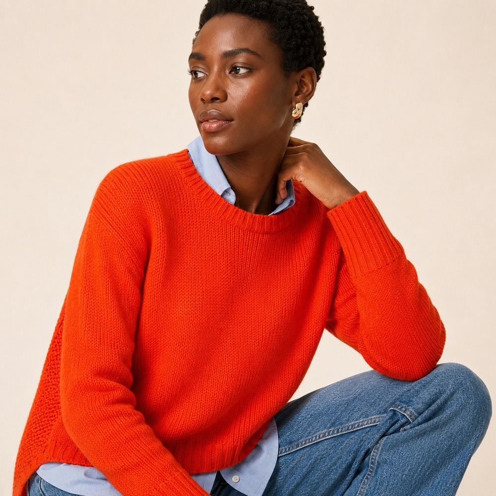 J.Crew Orange Mixed Stitch High Low Crew Neck Sweater Womens Medium Coastal Prep